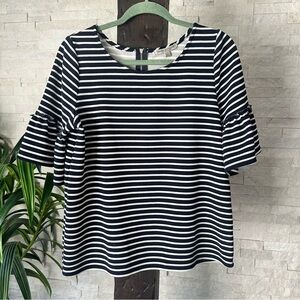Green Envelope Navy Blue Stripe Fluted Boho Short Sleeve Blouse Size L